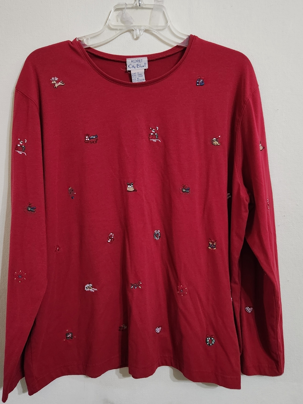 Vintage Koret Crimson Long-Sleeve Tee with Tiny Christmas Embroidered Accents